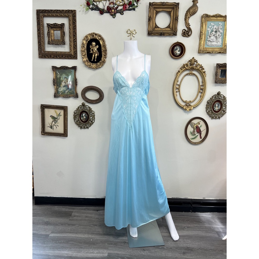 Interludes by Cira Vintage Blue Lace Trim Maxi Nightgown Size M